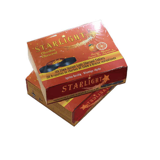 Starlight Flavored Instant Hookah Coals - 100 Charcoals Per Box, 10 Rolls of 10 Tablets Each Roll, 100 Quick Light Charcoal Briquettes, Easy Lighting, Size 33mm - Pick Your Flavor (Orange) - STARLIGHT CHARBON CHARCOAL