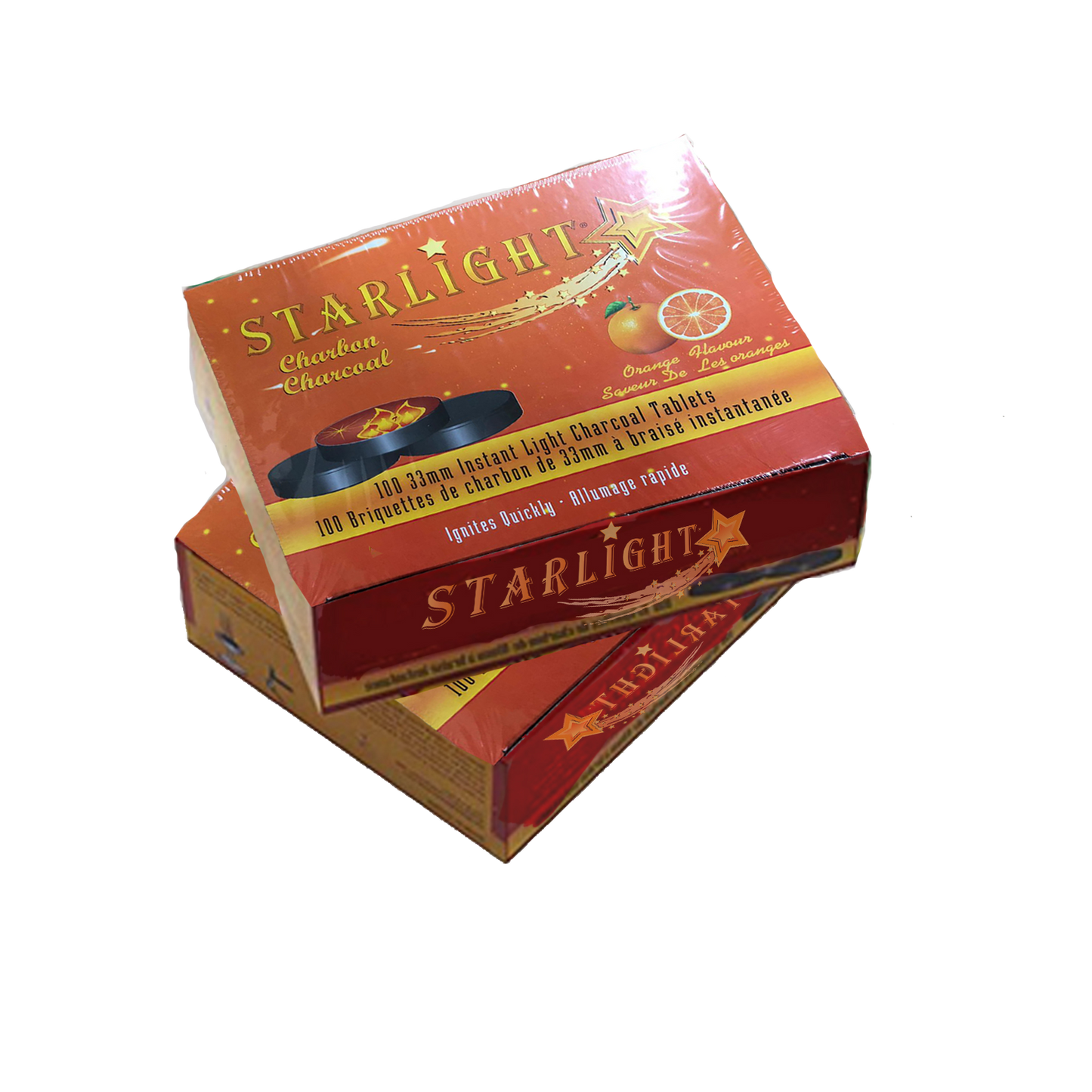 Starlight Flavored Instant Hookah Coals - 100 Charcoals Per Box, 10 Rolls of 10 Tablets Each Roll, 100 Quick Light Charcoal Briquettes, Easy Lighting, Size 33mm- Pick Your Flavor (Orange)