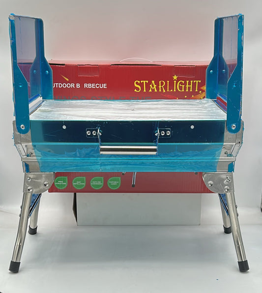 Starlight Stainless Steel Folding Charcoal BBQ Grill with Foldable Side Wings, Portable Outdoor Barbecue with Folding Legs for Camping, Picnics and Backyard Grilling - STARLIGHT CHARBON CHARCOAL